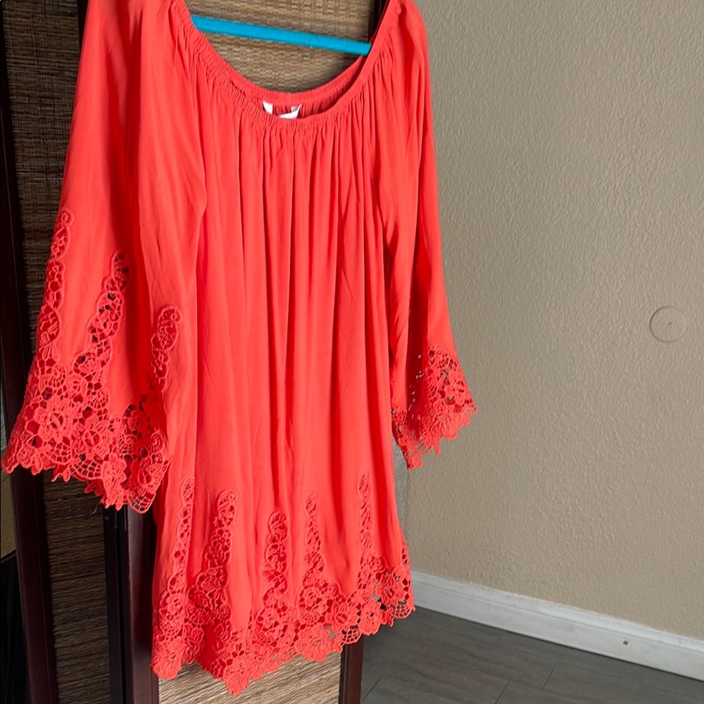 Tantrums Orange Ruffled Tunic with Lace Trim